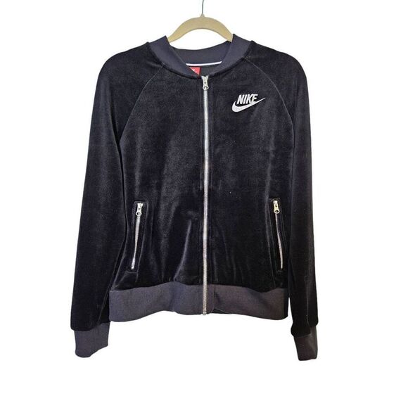 Nike black velour athletic zip up jacket with white embroidered logo. Size S. - Picture 1 of 5